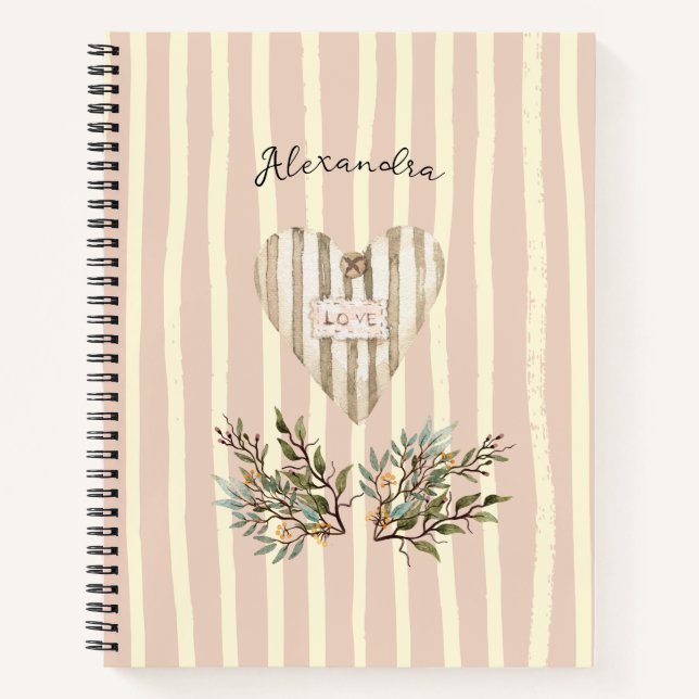 Pinky background Cute monogram Heart and botanical Notebook (Front)
