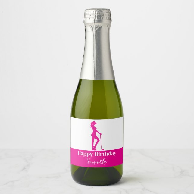 Pinky Lady Golfer Birthday Monogram  Sparkling Wine Label (Front)