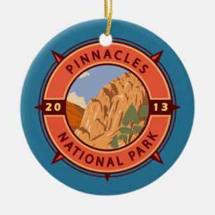 Pinnacles National Park Retro Compass Emblem Ceramic Tree Decoration