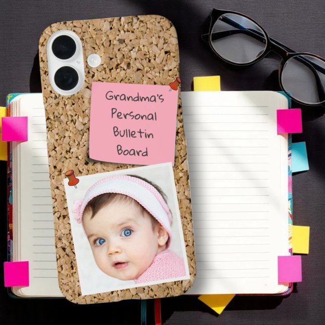 Pinned Pink Note on Cork Custom Photo Case-Mate iPhone Case (Custom photo and template text on faux cork phone case)