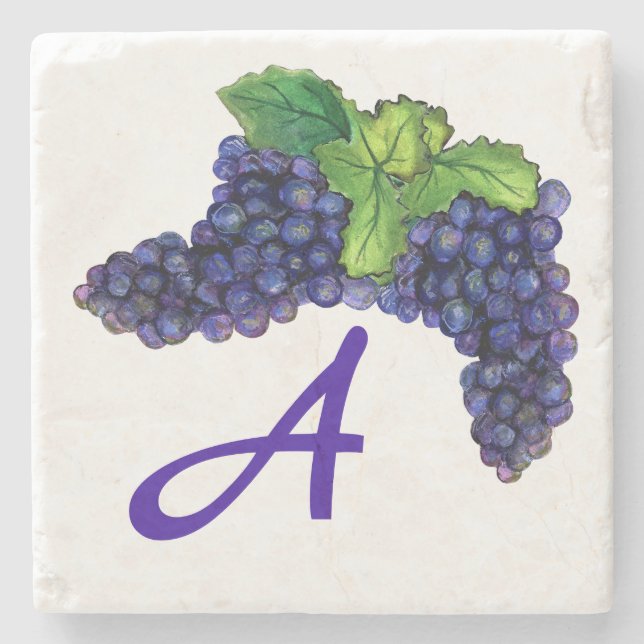 Pinot Noir Red Wine Grapes Custom Monogram Stone Coaster (Front)