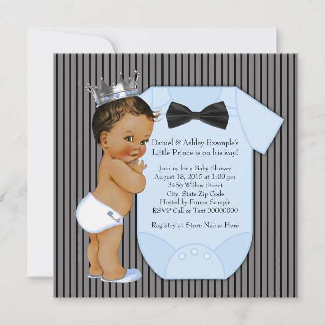 Pinstripe Black Blue Ethnic Prince Baby Shower Invitation (Front)