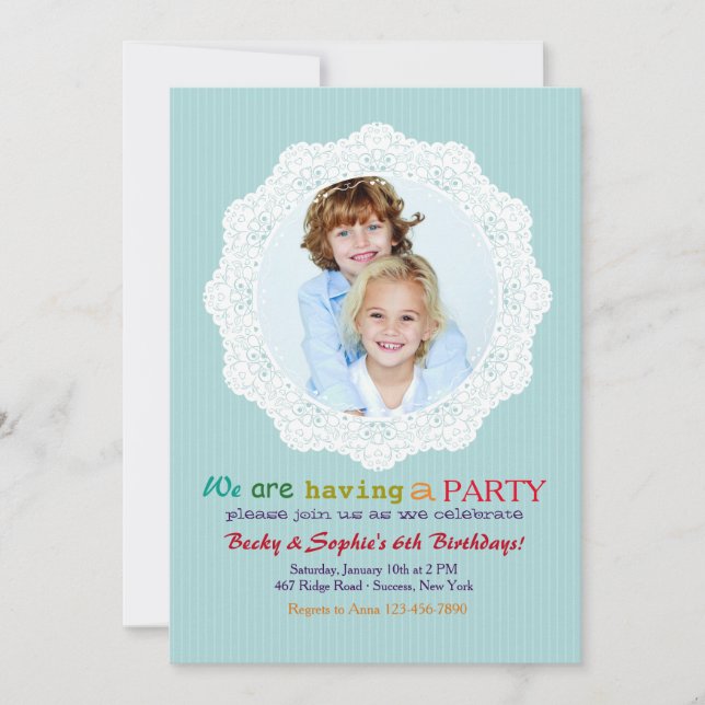 Pinstripe Love Teal Photo Invitation (Front)