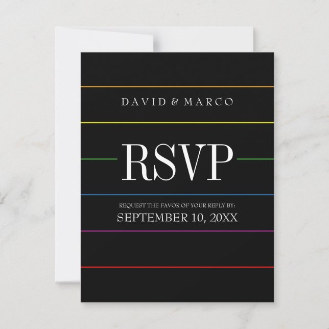 Pinstripe Pride Colours RSVP Gay Wedding Card (Front)