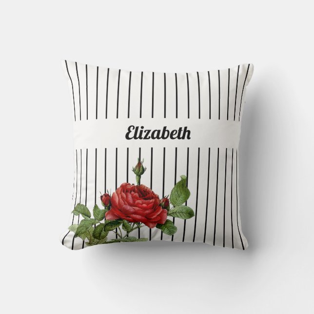 Pinstripe Red Rose Name Cushion (Front)