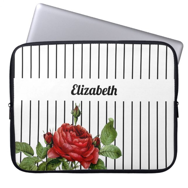 Pinstripe Red Rose Name Laptop Sleeve (Front)