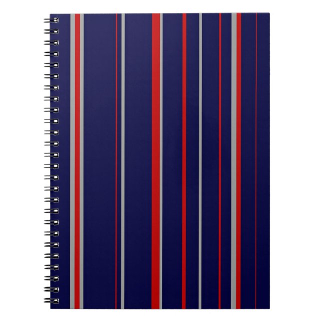 Pinstripes, colours red, navy, grey notebook (Front)