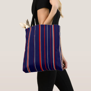 Pinstripes, colours red, navy, grey tote bag