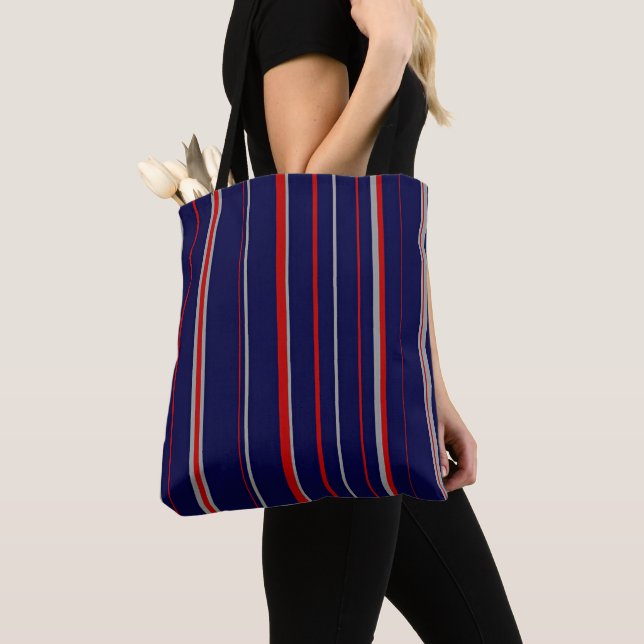 Pinstripes, colours red, navy, grey tote bag (Close Up)