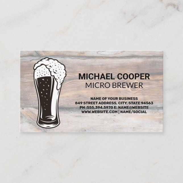 Pint Glass Over Flowing | Wood Background Business Card (Front)
