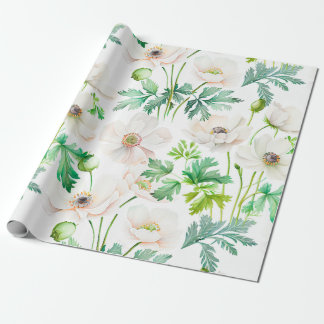 Pinted white anemone flowers on cream  wrapping paper