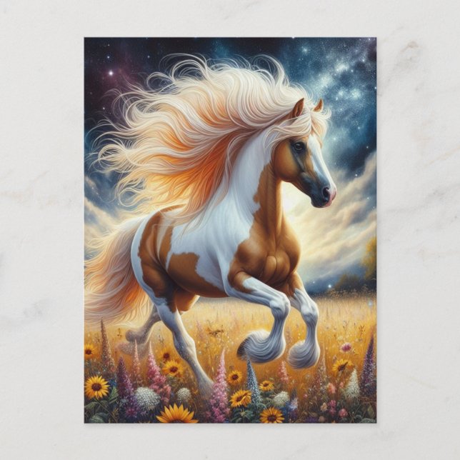 Pinto Horse in Flower Meadow Postcard (Front)