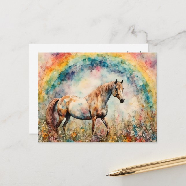 Pinto Mustang under a Rainbow Wildflower Meadow Postcard (Front/Back In Situ)