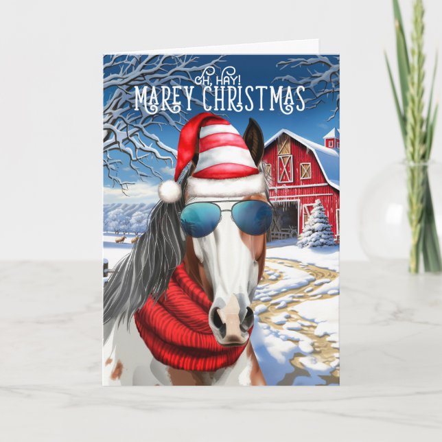 Pinto Paint Horse Funny MAREy Christmas Holiday Card (Front)