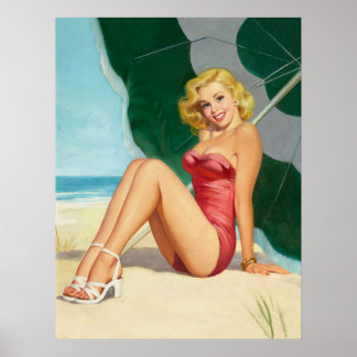 Pinup blonde girl on the beach poster