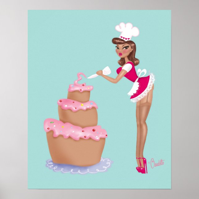 Pinup Chef Girl Icing a Cake- blue Poster (Front)