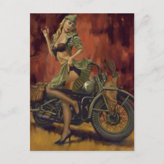 PINUP GIRL AND MOTORCYCLE. POSTCARD
