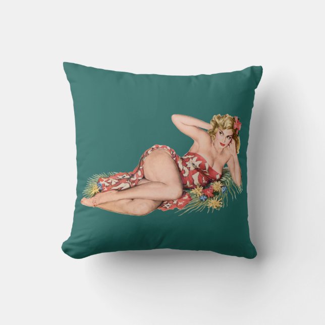 pinup girl pretty blonde wearing sarong + hibiscus cushion (Front)