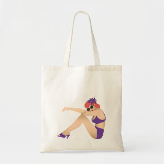 Pinup girl wearing purple swimsuit tote bag