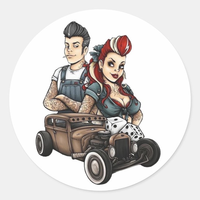 Pinup Girl with Rockabilly Hot-road car with dices Classic Round Sticker (Front)