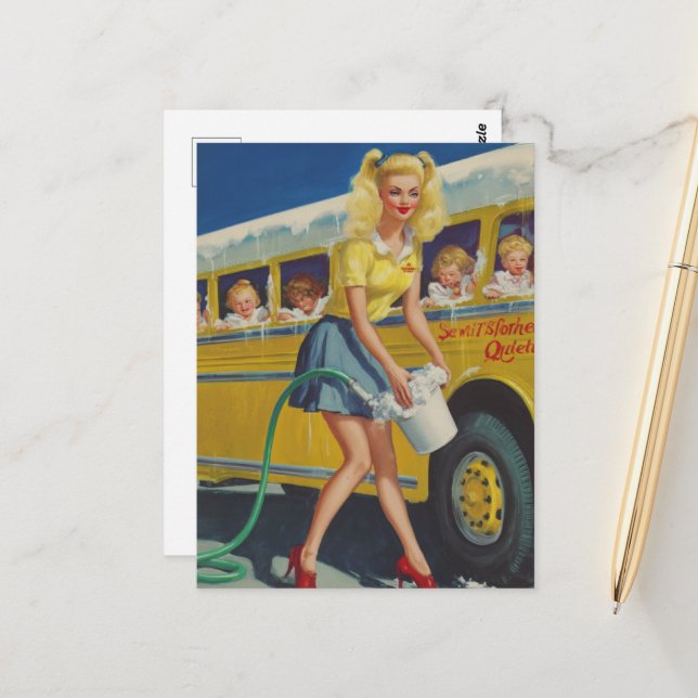 Pinup Retro Woman Washing a Yellow School Bus Postcard (Front/Back In Situ)