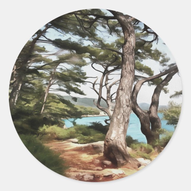 Pinus pinea Pine Tree Forest Painting  Classic Round Sticker (Front)
