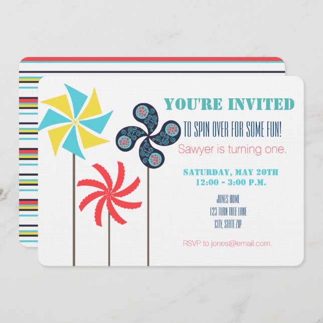 Pinwheel Themed Birthday Invitation - Colourful (Front/Back)