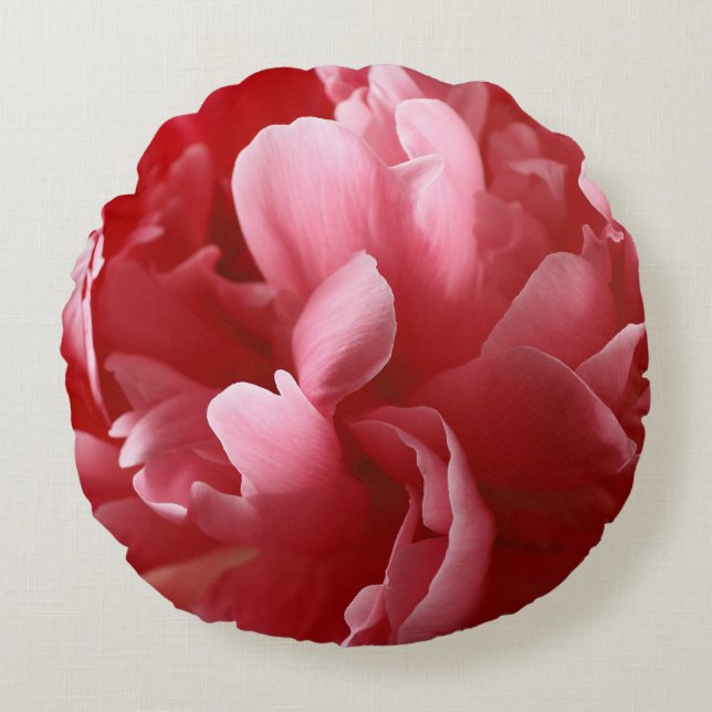 Pion Blossoms Macro, Pink Red. Round Cushion (Front)