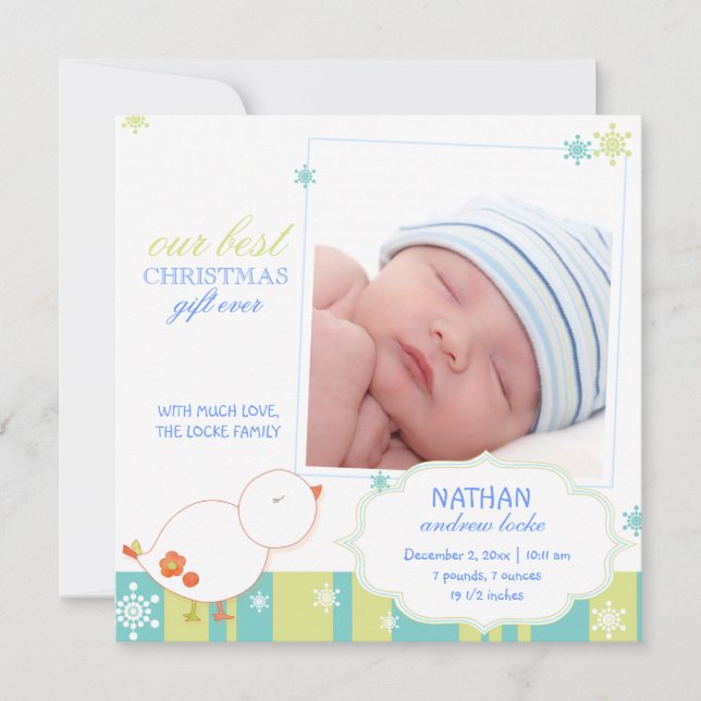 Pip Pip Lil Bird Baby Boy Photo Birth Announcement (Front)