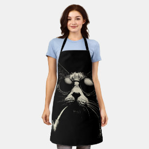 Pipe Cat - Cool Retro Cat Graphic Monochrome Apron