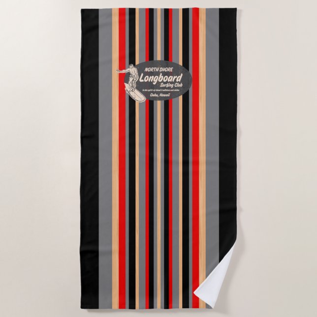 Pipeline Surfboard Hawaiian Striped - Black Beach Towel (Front)