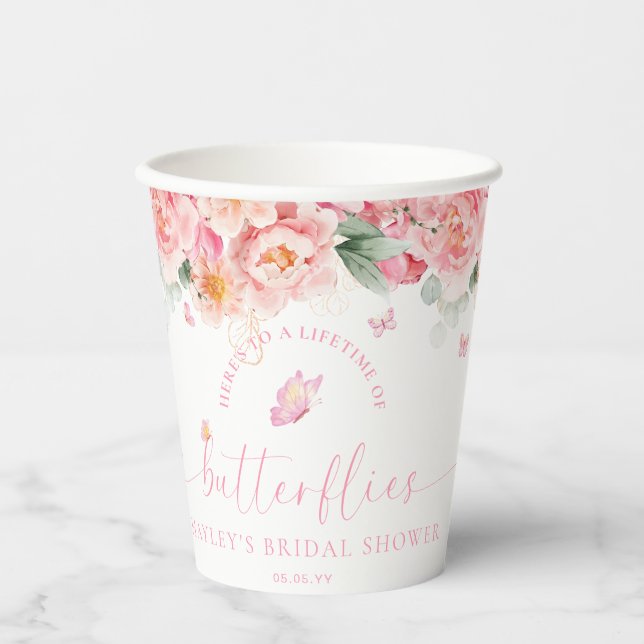 Piper Peony Lifetime of Butterflies Bridal Shower Paper Cups (Front)
