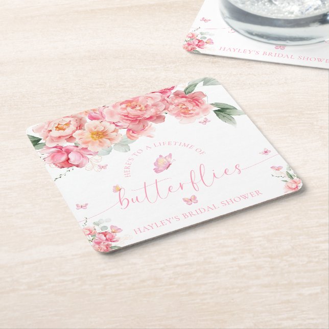 Piper Peony Lifetime Of Butterflies Bridal Shower Square Paper Coaster (Angled)
