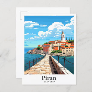 Piran Slovenia Art Vintage Travel Illustration Postcard