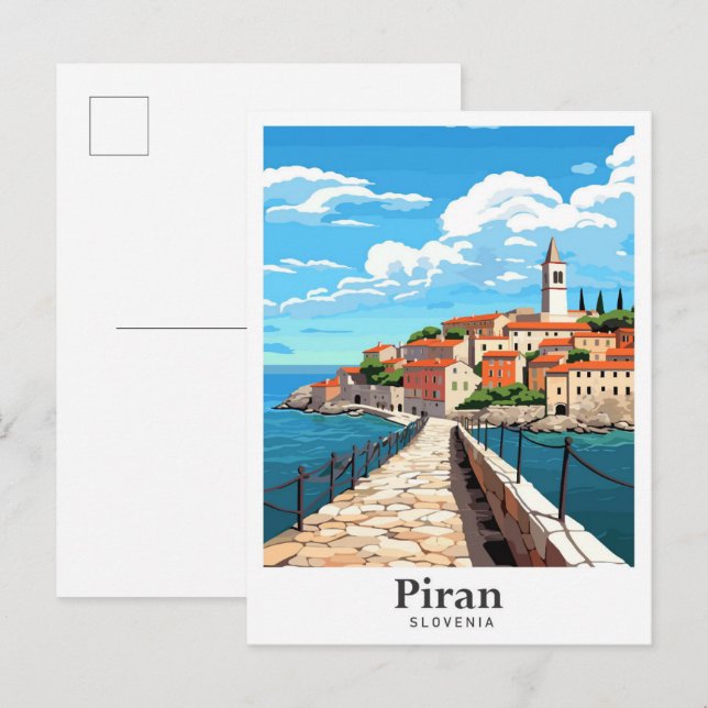 Piran Slovenia Art Vintage Travel Illustration Postcard (Front/Back)