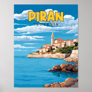 Piran Slovenia vintage travel illustration Poster
