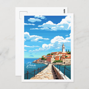 Piran Slovenia vintage travel place illustration Postcard