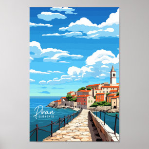 Piran Slovenia vintage travel place illustration Poster
