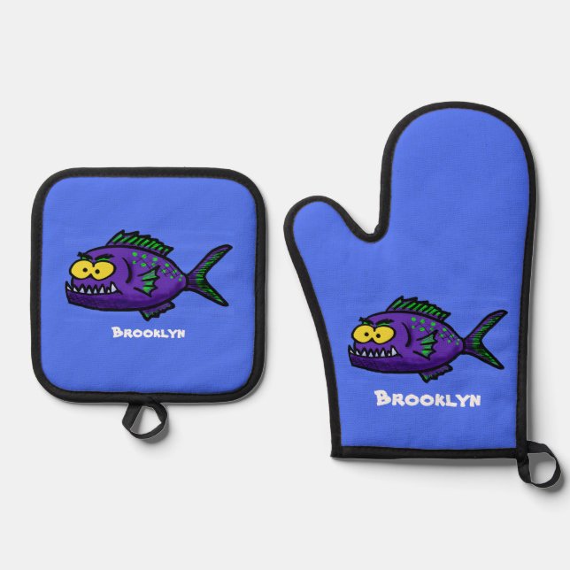 Piranha fish cartoon oven mitt & pot holder set (Front)