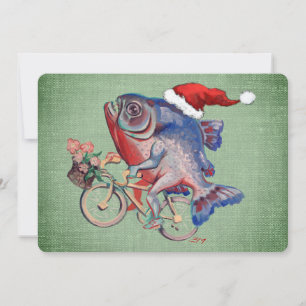 Piranha Riding A Bicycle Wearing Santa Hat Holiday Card
