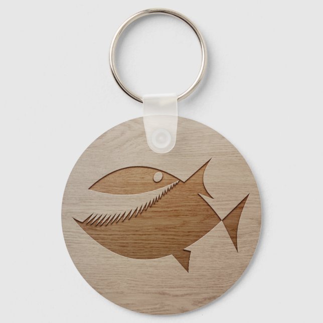 Piranha silhouette engraved on wood design key ring (Front)