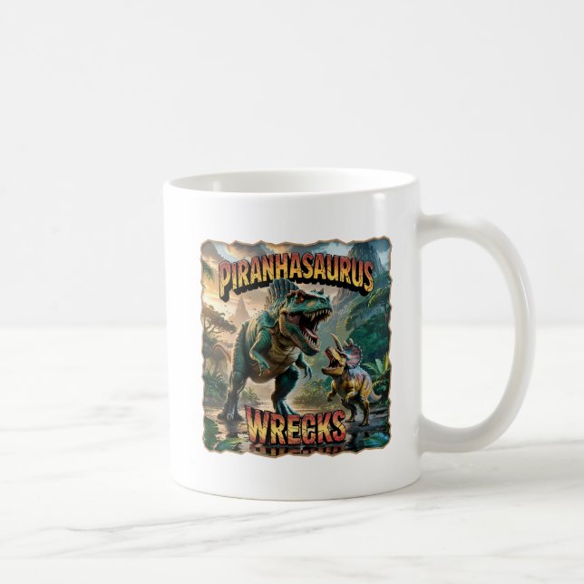 Piranhasaurus Wrecks Illustration – Funny Scary Coffee Mug (Right)
