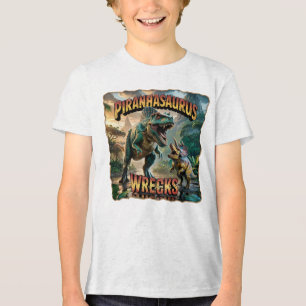 Piranhasaurus Wrecks Illustration – Funny Scary Tri-Blend Shirt