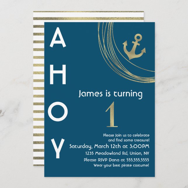 Pirate 1st Birthday Faux Gold Anchor Nautical Invi Invitation (Front/Back)