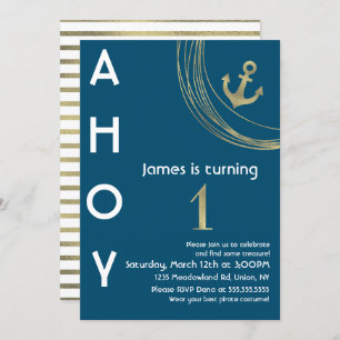 Pirate 1st Birthday Faux Gold Anchor Nautical Invitation