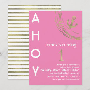 Pirate 1st Birthday Faux Gold Anchor Nautical Invitation