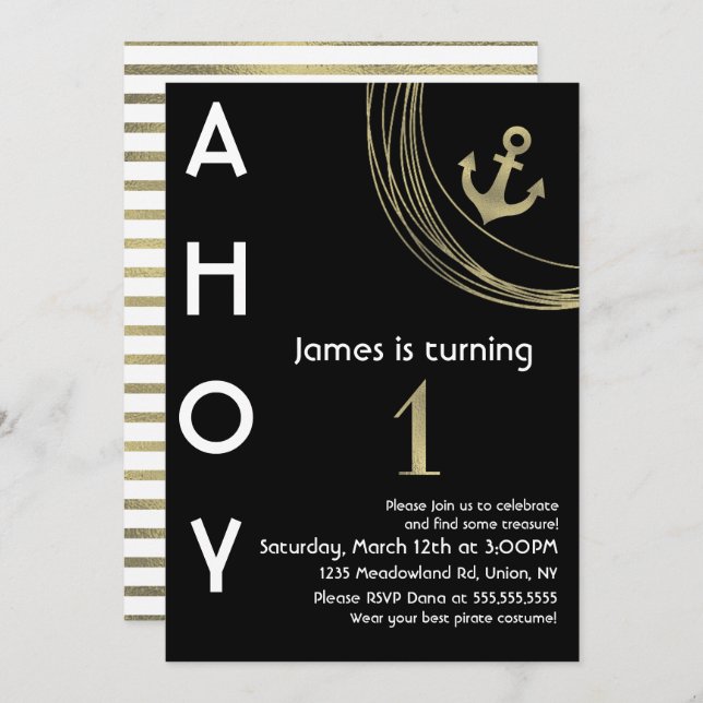 Pirate 1st Birthday Faux Gold Anchor Nautical Invitation (Front/Back)