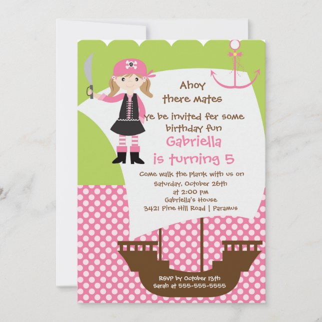 Pirate Ahoy Mates Birthday Party Invitation Girl (Front)