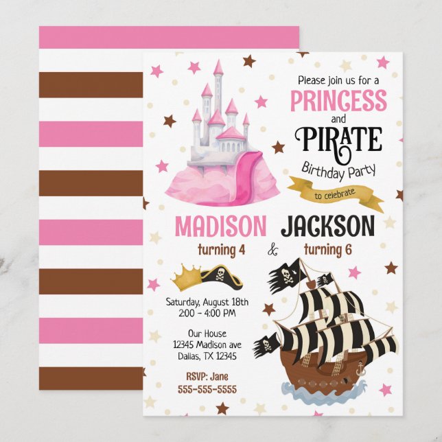Pirate and Princess Siblings Joint Birthday  Invitation (Front/Back)