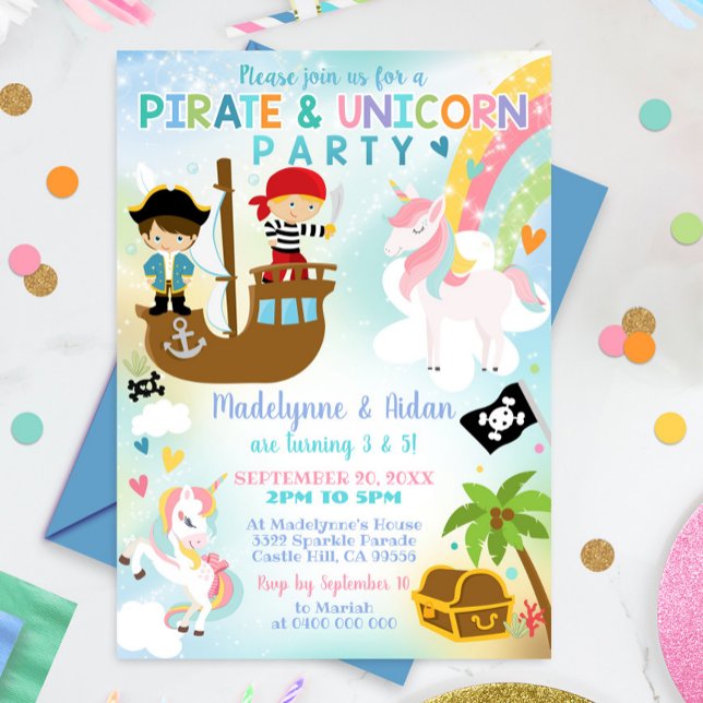 Pirate and Unicorn Invitation Boy Girl Sibling (Pirate and Unicorn Birthday Invitation. Perfect for Twins, Sibling or Joint Birthday Party.)